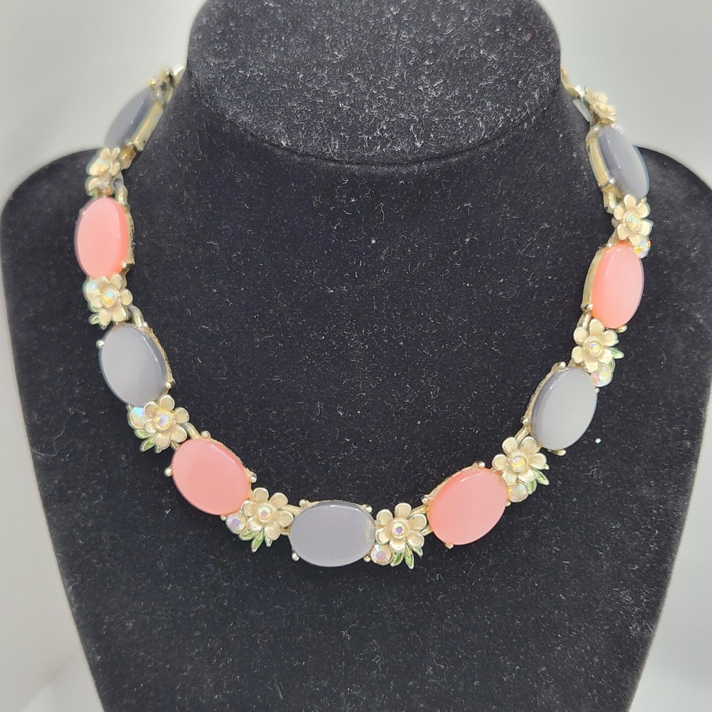Vintage Lucite Floral Necklace BSK Pink Gray AB Rhinestone Thermoset 950s